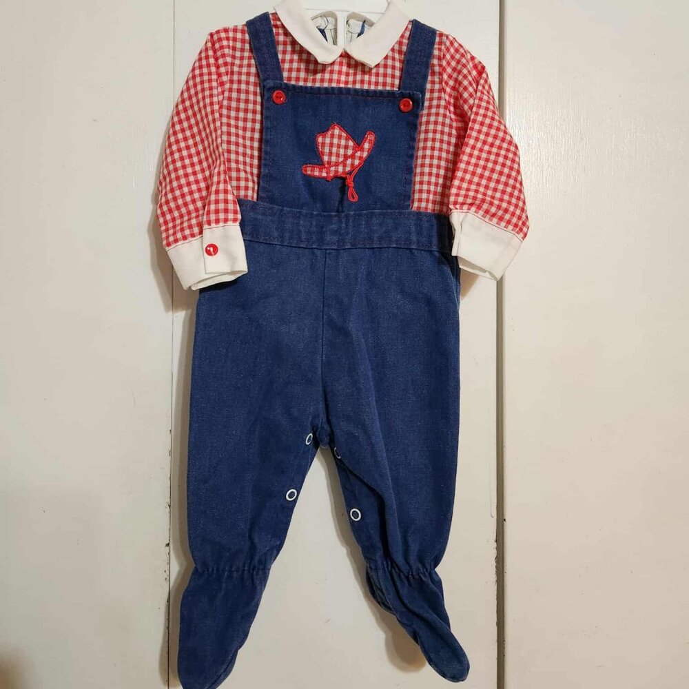 VTG 60s/70s Montgomery Ward Baby Denim Gingham Cowboy One Piece Button Romper